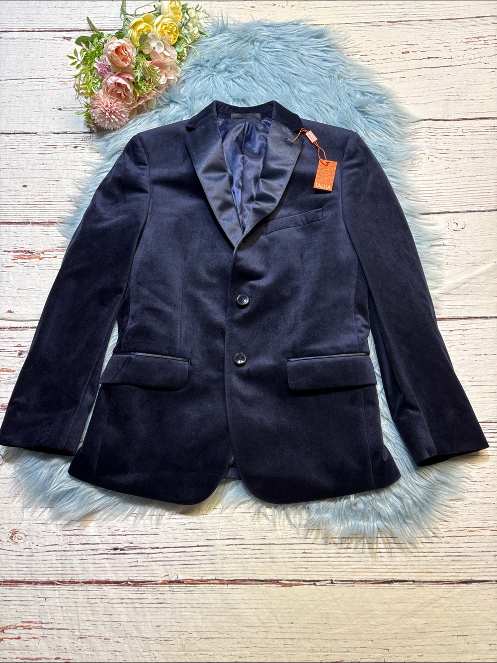 NWT TALLIA Boys Navy Velvet Two-Button Blazer Jacket sz 14R